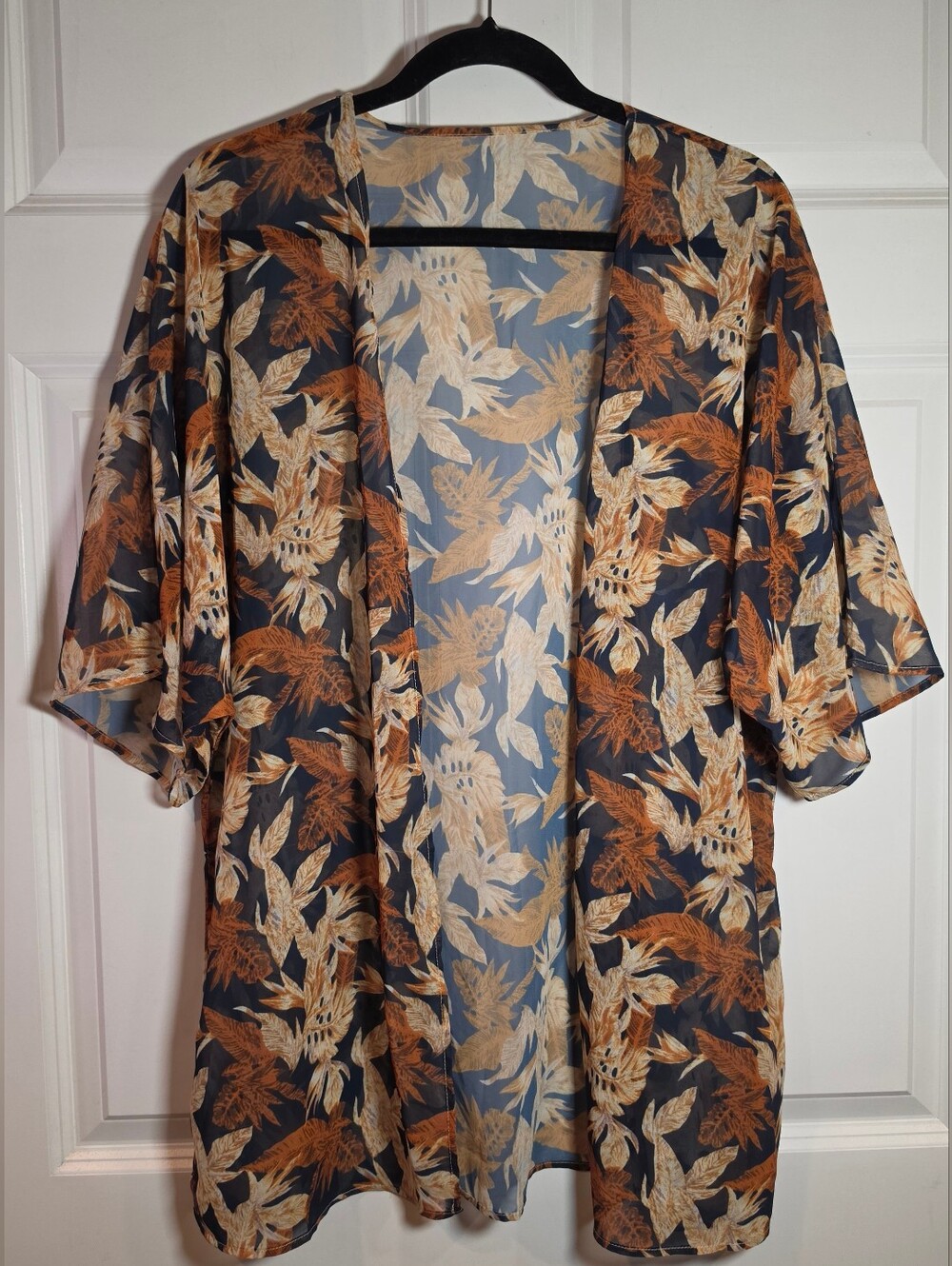 Lightweight Sheer Floral Kimono Top Navy, Orange, & Tan S